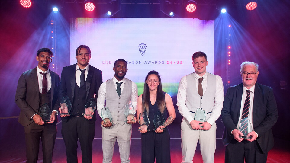 The Lincoln City 2024/25 season award winners, from left, Reeco Hackett, Jovon Makama, Tendayi Darikwa, Shelbey Morris, Freddie Draper and Alan Long.