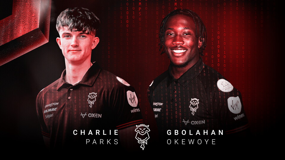A graphic with cut-outs of Charlie Parks and Gbolahan Okewoye with their names underneath in white text.