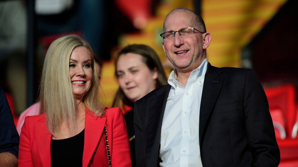 Missy Jabara, investor of Lincoln City, left, and Harvey Jabara, director of Lincoln City during the Bristol Street Motors Trophy group G (Northern Section) match between Lincoln City and Chesterfield at LNER Stadium, Lincoln.