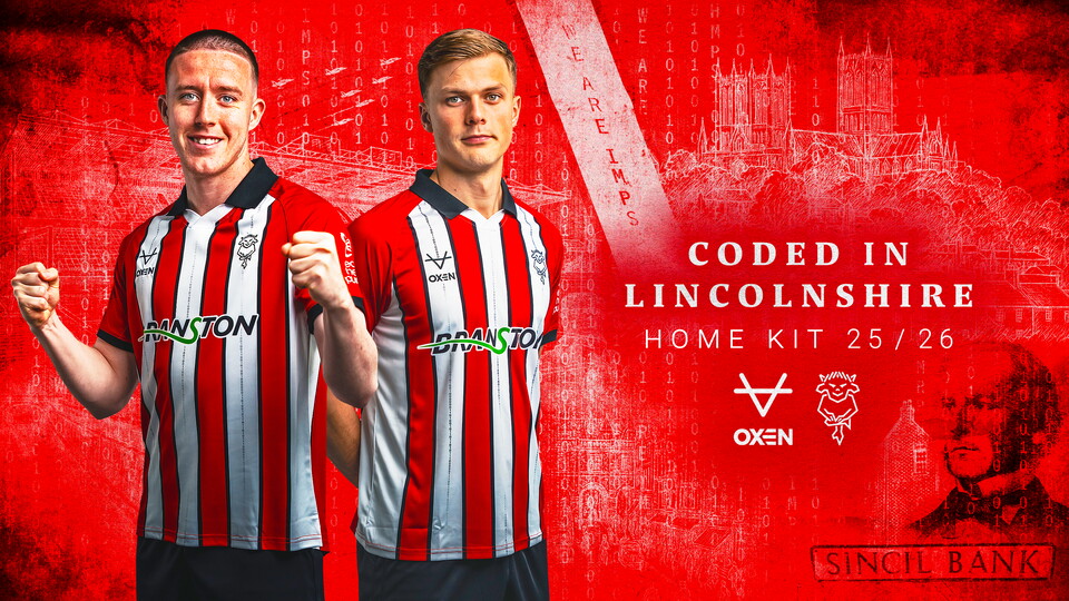 A graphic featuring Jack Moylan and Erik Ring wearing the new Lincoln City home shirt. The shirt features red and white strips with Branston on the front