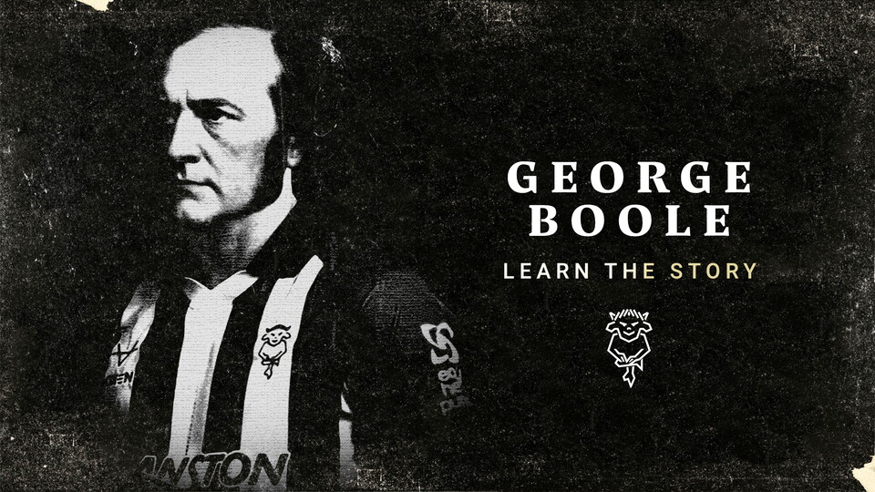 George Boole in a 2024/25 Lincoln City shirt on a graphic with his name on the right