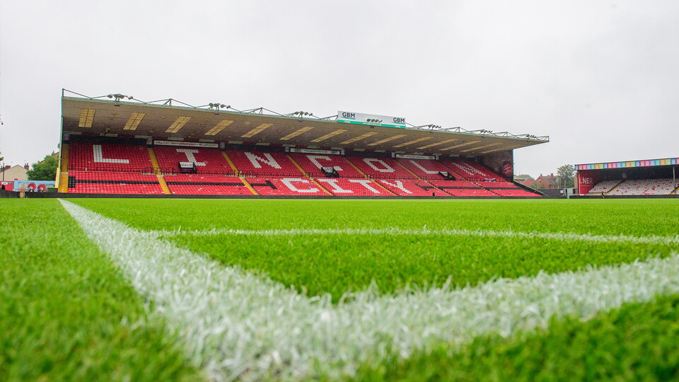 A general view of LNER Stadium, home of Lincoln City, showing the GBM Stand during the pre-season friendly match between Lincoln City and West Bromwich Albion at LNER Stadium, Lincoln.