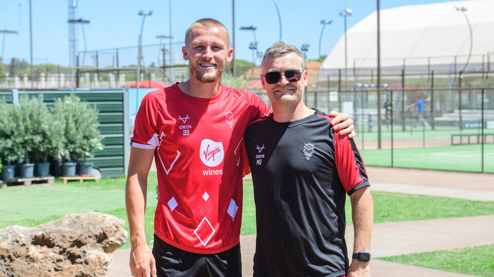 Tom Hamer of Lincoln City, left, and Michael Skubala, head coach of Lincoln City during a club-organised Padel tournament as part of the pre-season training camp at Vilamoura Tennis and Padel Academy, Vilamoura, Portugal.