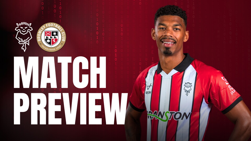 Match preview graphic for Imps vs Bromley featuring Reeco Hackett