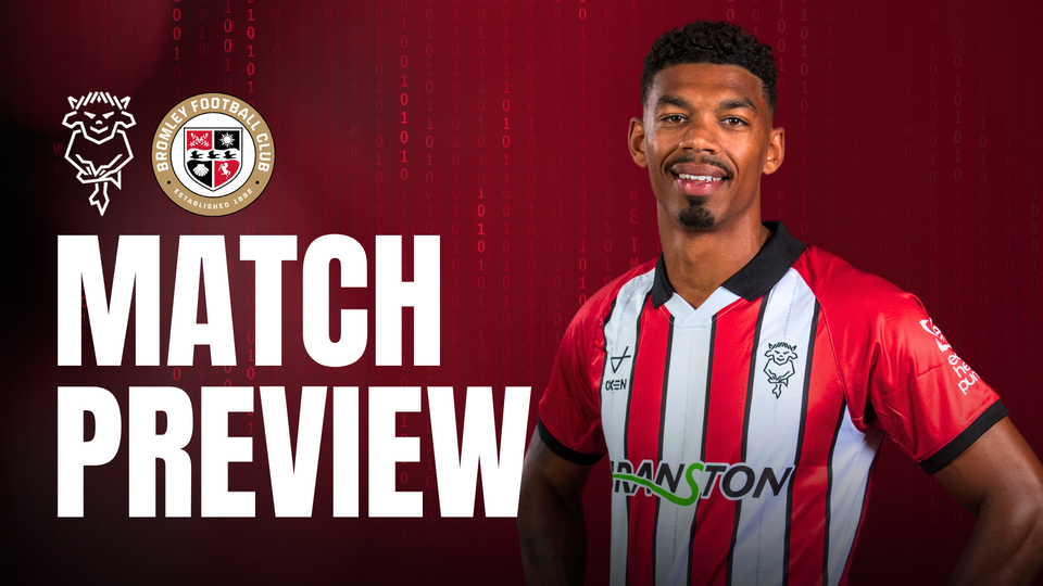 Match preview graphic for Imps vs Bromley featuring Reeco Hackett