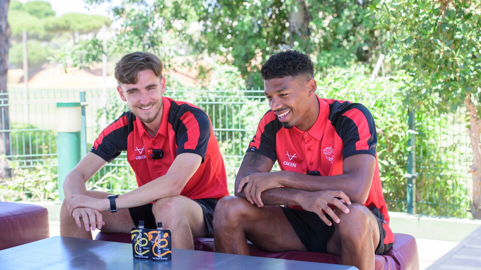 Tom Bayliss of Lincoln City, left, and Reeco Hackett of Lincoln City during a pre-season training camp sessions at Browns Sports Resort, Vilamoura, Portugal.