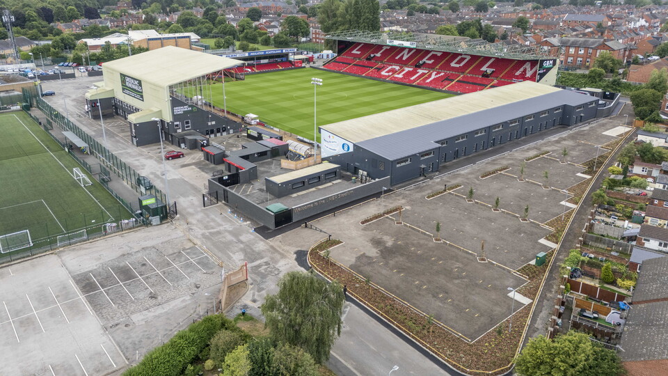 A drone shot of the LNER Stadium, at the front is a new car park