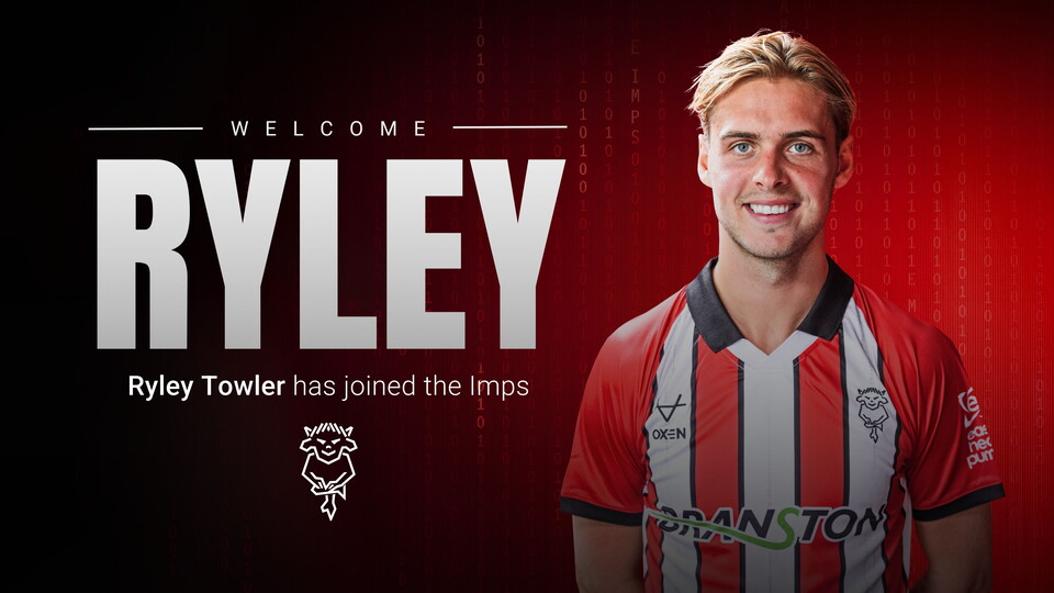 A graphic featuring a headshot of Ryley Towler wearing a red and white Lincoln City home shirt