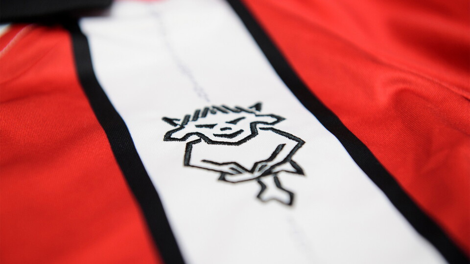 The club badge on a Lincoln City home shirt in the changing room prior to the EFL Sky Bet League One match between Lincoln City and Reading at LNER Stadium, Lincoln.