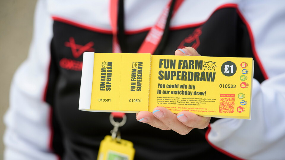 Lincoln City Fun Farm Superdraw seller prior to the EFL Sky Bet League One match between Lincoln City and Reading at LNER Stadium, Lincoln.