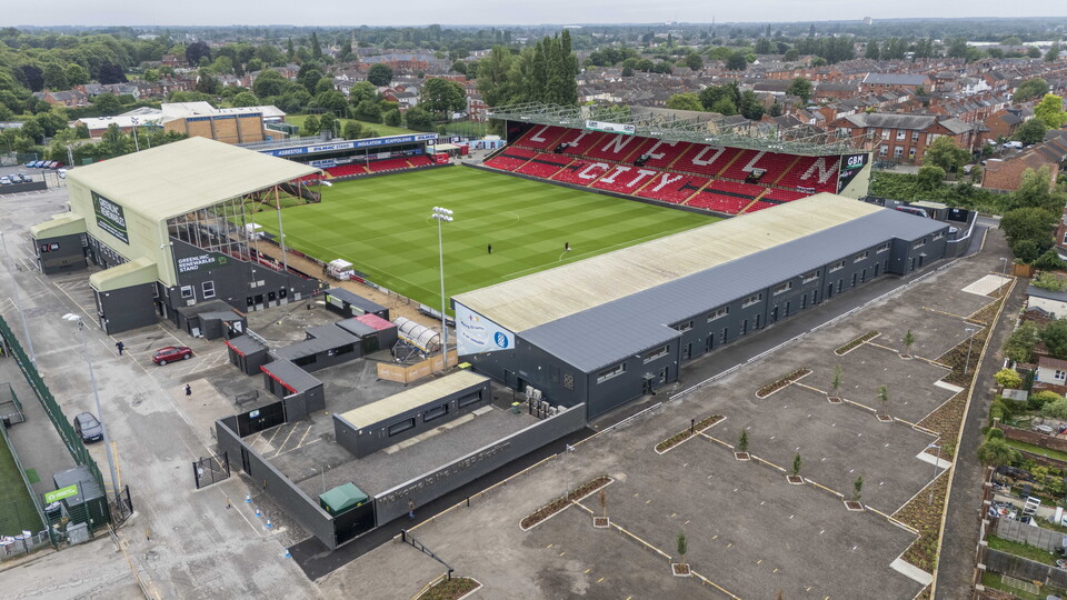 A drone shot of the LNER Stadium, at the front is a new car park