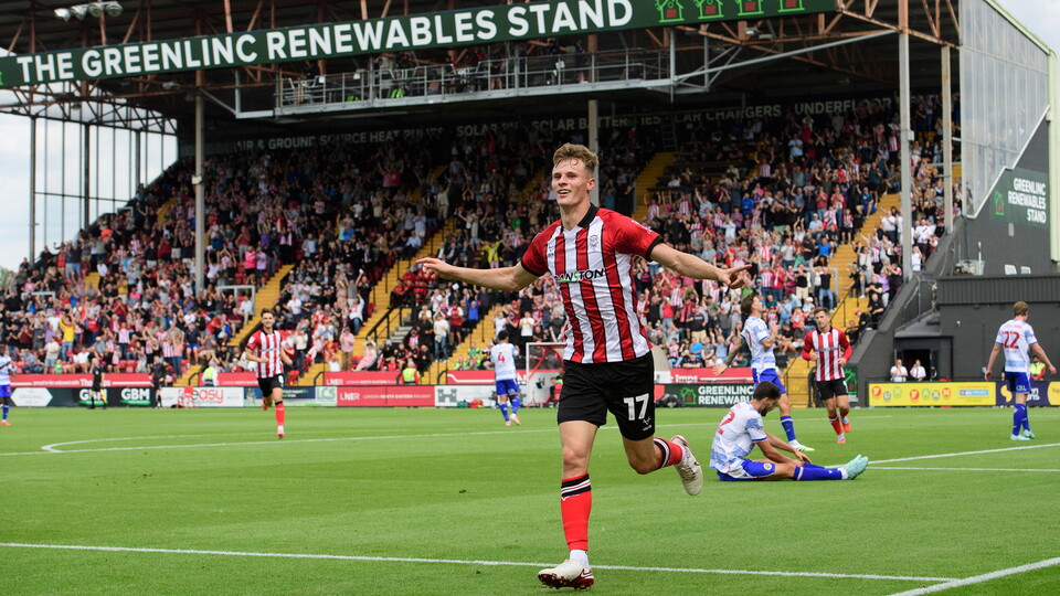Rob Street of Lincoln City celebrates scoring the opening goal during the EFL Sky Bet League One match between Lincoln City and Reading at LNER Stadium, Lincoln.