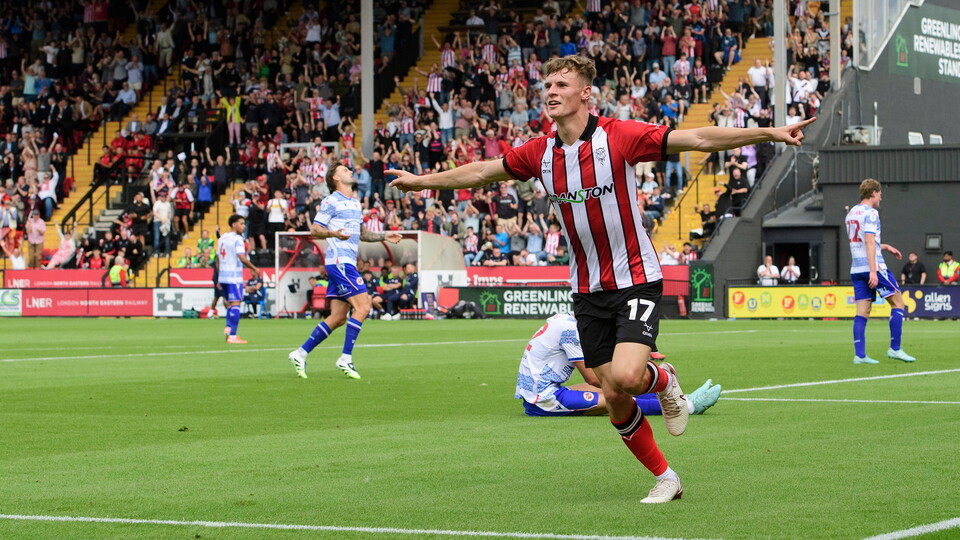 Rob Street of Lincoln City celebrates scoring the opening goal during the EFL Sky Bet League One match between Lincoln City and Reading at LNER Stadium, Lincoln.