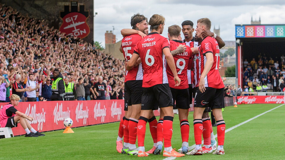City celebrate scoring against Mansfield Town at the LNER Stadium