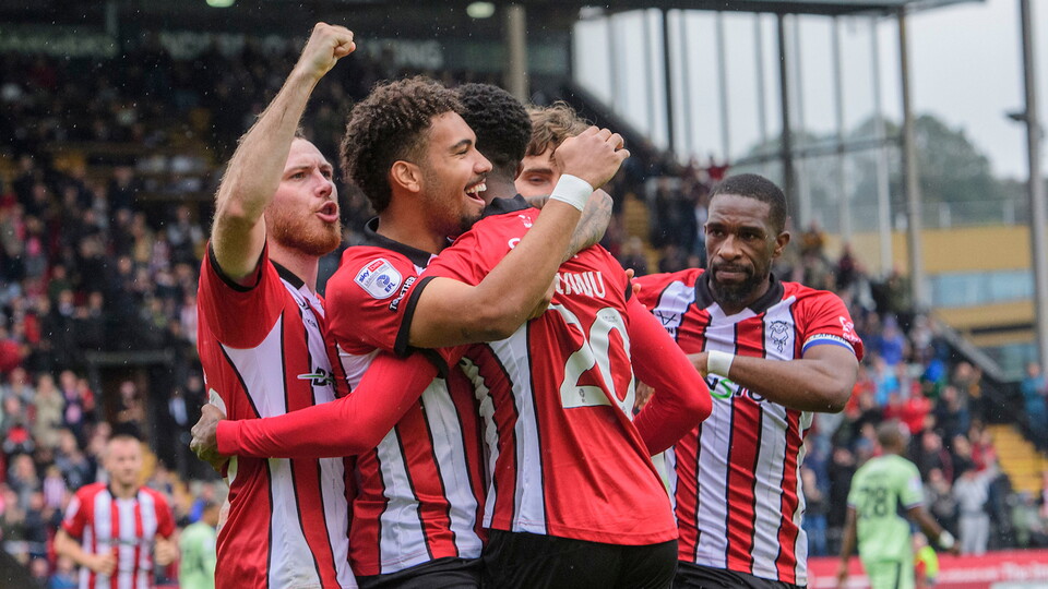 City celebrate Justin Obikwu's goal against Luton Town