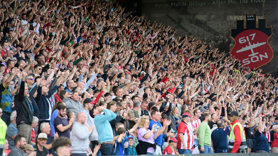 Fans in the GBM Stand of the LNER Stadium
