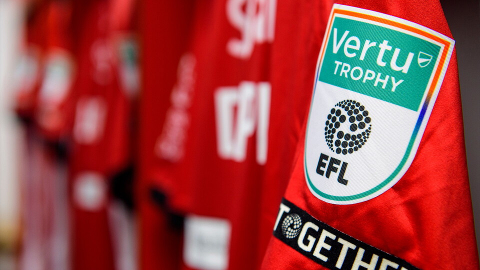 The Vertu Trophy arm patch on a Lincoln City home shirt in the changing room prior to the Vertu Trophy Northern Section group D match between Lincoln City and Notts County at LNER Stadium, Lincoln.