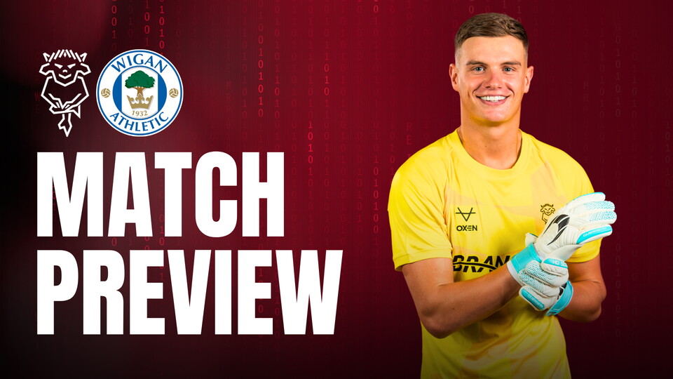 Match preview graphic for Imps vs Wigan featuring George Wickens