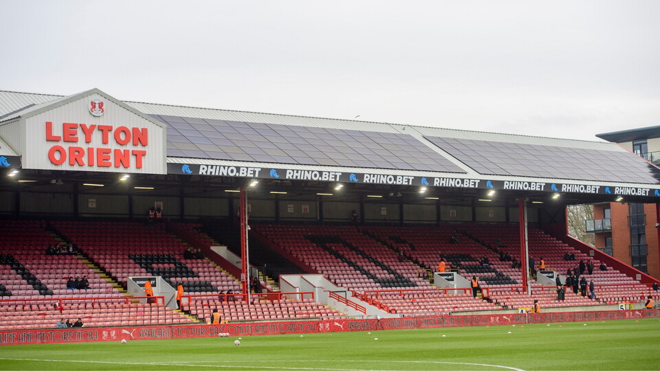 A general view of Gaughan Group Stadium, home of Leyton Orient, showing solar panels on the roof of the stand prior to the EFL Sky Bet League One match between Leyton Orient and Lincoln City at Gaughan Group Stadium, Leyton.