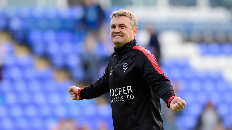 Michael Skubala, head coach of Lincoln City celebrates following the EFL Sky Bet League One match between Peterborough United and Lincoln City at Weston Homes Stadium, Peterborough.
