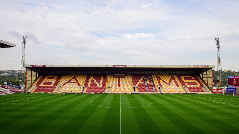 A view of a football stand with Bantams written in it using chairs