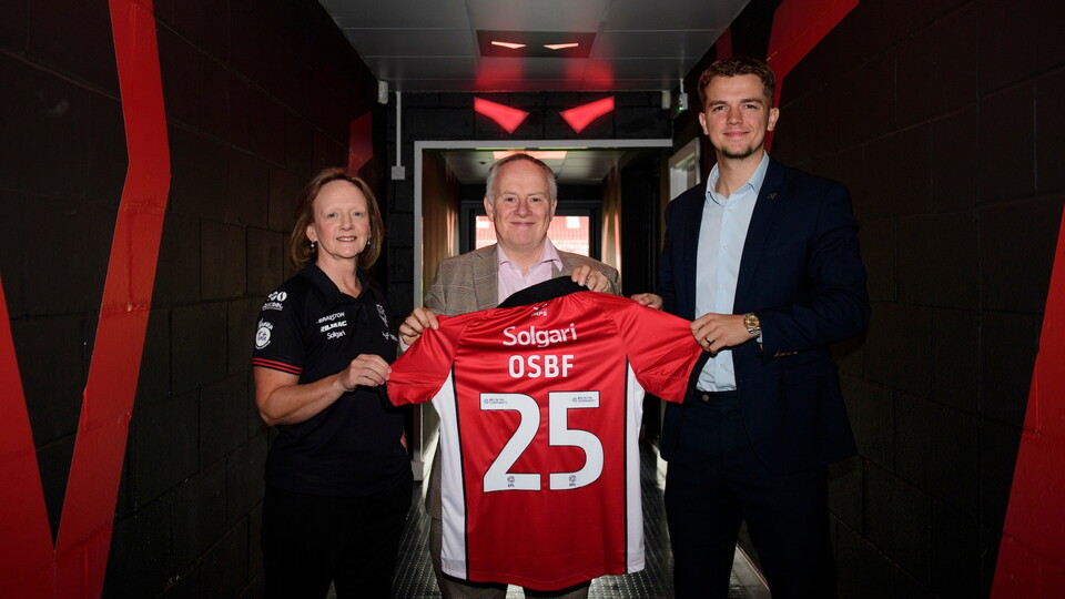 Lincoln City commercial partnership - Shirley Shite, partnership manager of Lincoln City, left, and Bobby Copping, head of commercial of Lincoln City, right, with Steve Norton of One Stop Business Finance.