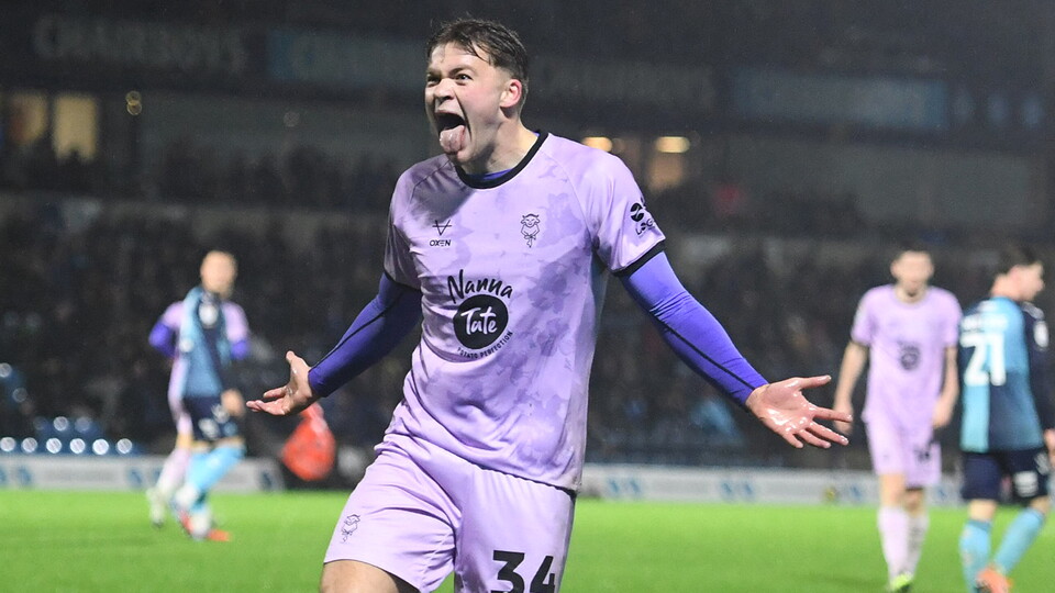 Freddie Draper celebrates equalising for City at Wycombe Wanderers