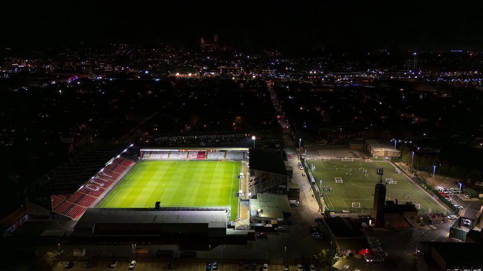 An aerial view of the LNER Stadium and adjacent 3G pitch at night time