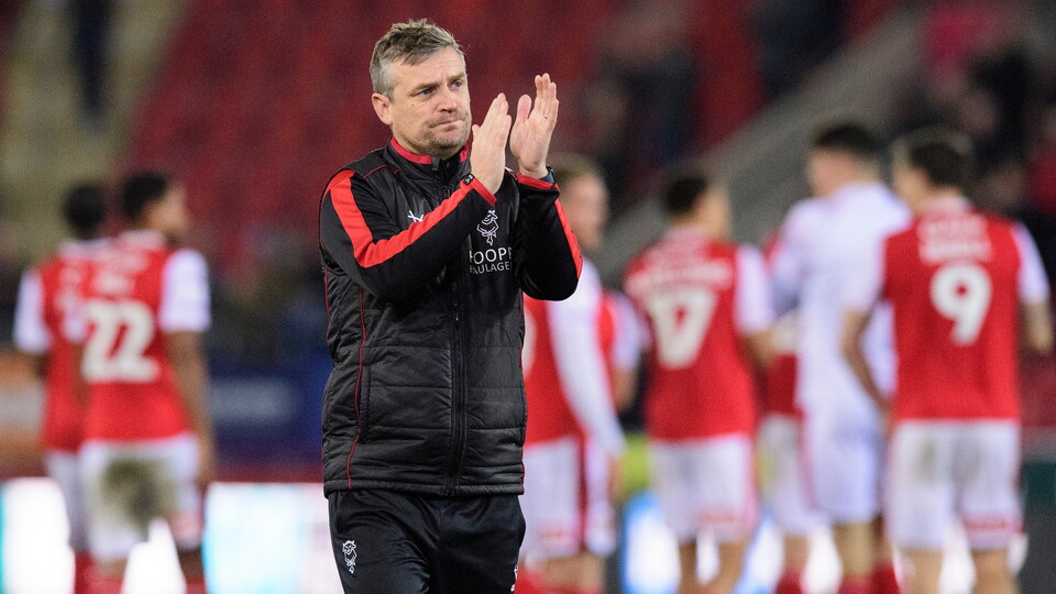 Michael Skubala, head coach of Lincoln City applauds the fans at the final whistle following the EFL Sky Bet League One match between Rotherham United and Lincoln City at The AESSEAL New York Stadium, Rotherham.