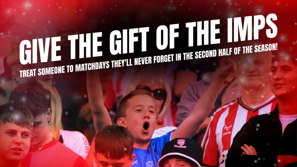 An image of a Lincoln City fan with overlaying text which reads "GIVE THE GIFT OF THE IMPS"