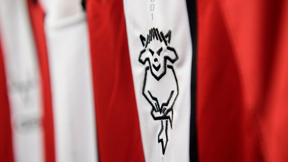 The club badge on a Lincoln City shirt in the changing room prior to the EFL Sky Bet League One match between Lincoln City and Doncaster Rovers at LNER Stadium, Lincoln.