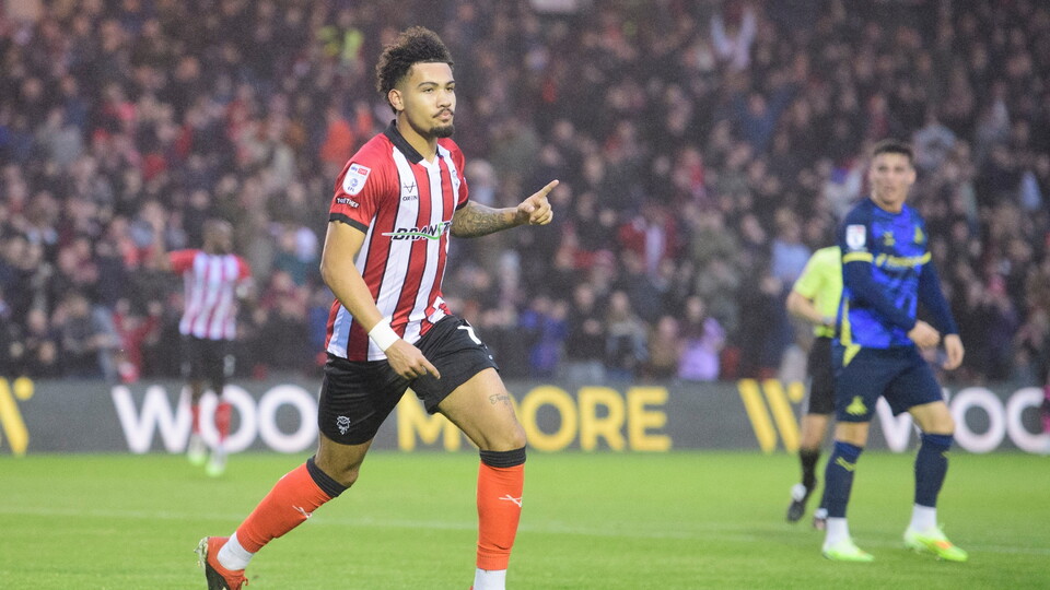Frankie Okoronkwo celebrates after scoring the opening goal against Doncaster Rovers.
