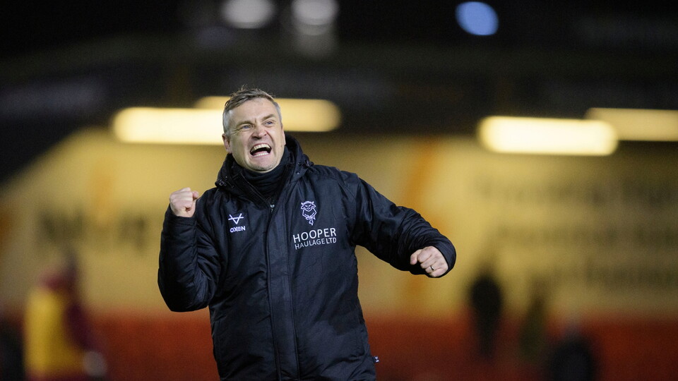 Michael Skubala, head coach of Lincoln City celebrates following the EFL Sky Bet League One match between Lincoln City and Doncaster Rovers at LNER Stadium, Lincoln.