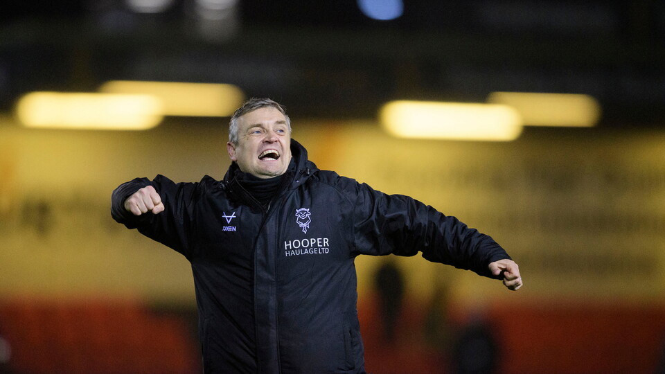 Michael Skubala, head coach of Lincoln City celebrates following the EFL Sky Bet League One match between Lincoln City and Doncaster Rovers at LNER Stadium, Lincoln.