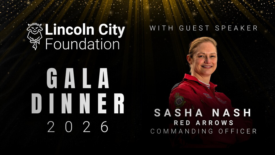 Lincoln City Foundation Gala Dinner 2026 announcement featuring guest speaker Sasha Nash, Red Arrows commanding officer, against a starry background.