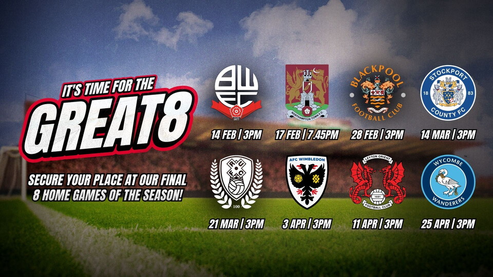 A graphic featuring the badges of the eight teams who will come to the LNER Stadium in the final eight games of the season.