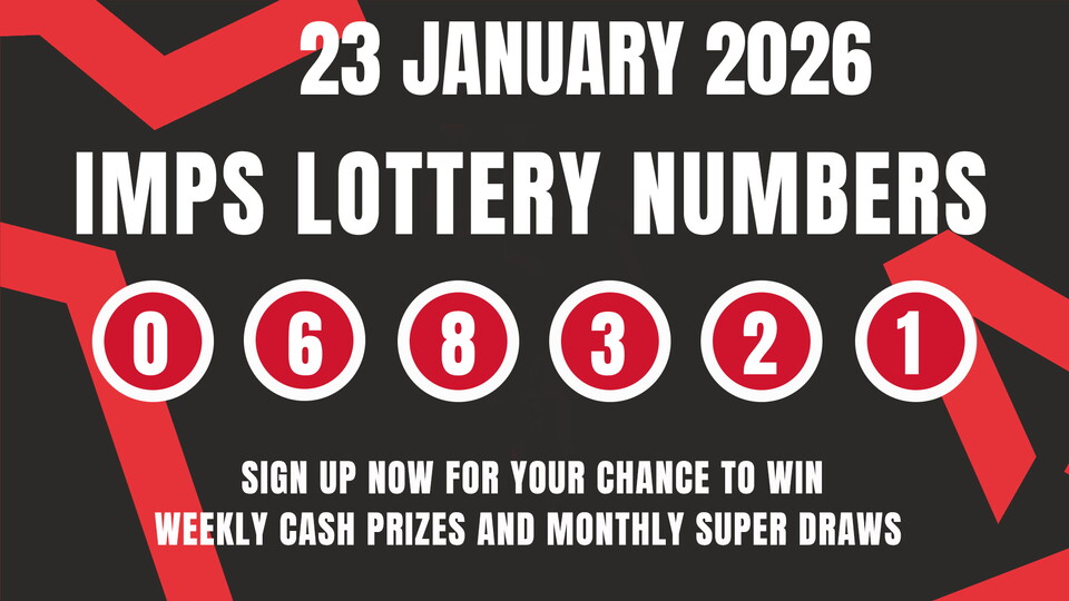 Imps Lottery announcement graphic for 23 January 2026 with numbers 068321 in red circles. Includes text about signing up for cash prizes and draws.