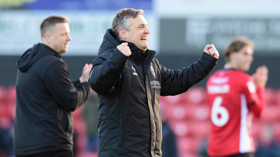Michael Skubala, head coach of Lincoln City celebrates following the EFL Sky Bet League One match between Lincoln City and Peterborough United at LNER Stadium, Lincoln.