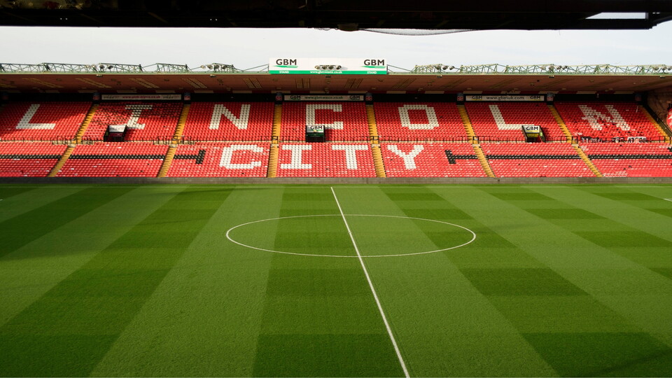 A general view of LNER Stadium, home of Lincoln City, showing the GBM Stand prior to the EFL Sky Bet League One match between Lincoln City and Huddersfield Town at LNER Stadium, Lincoln.