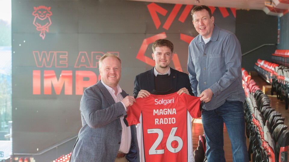 Lincoln City commercial partnership announcement with Magna Radio at LNER Stadium, Lincolnshire.