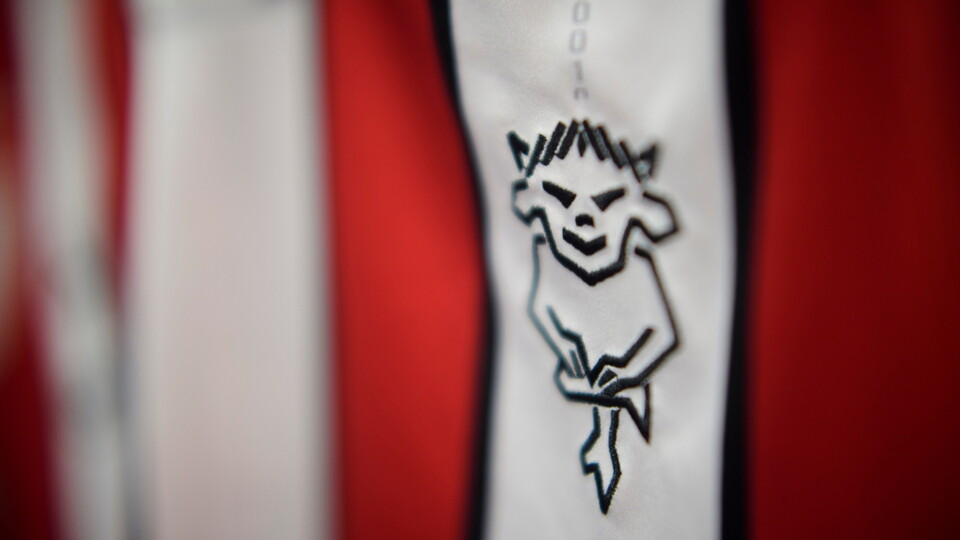 Close-up of an embroidered Imp on a red and white shirt.