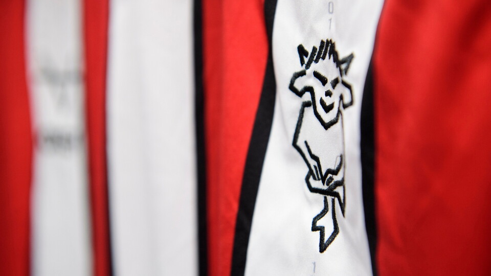 The club badge on the front of a Lincoln City shrit in the changing room prior to the EFL Sky Bet League One match between Lincoln City and Blackpool at LNER Stadium, Lincoln.