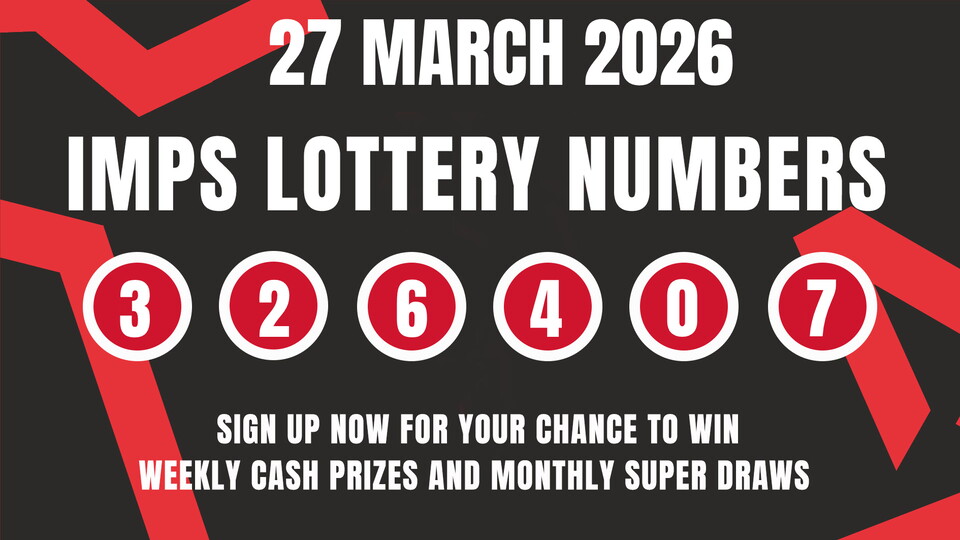 March 27, 2026 IMPS Lottery results with numbers 3, 2, 6, 4, 0, 7 in bold circles. Red and black background, promoting cash prizes.