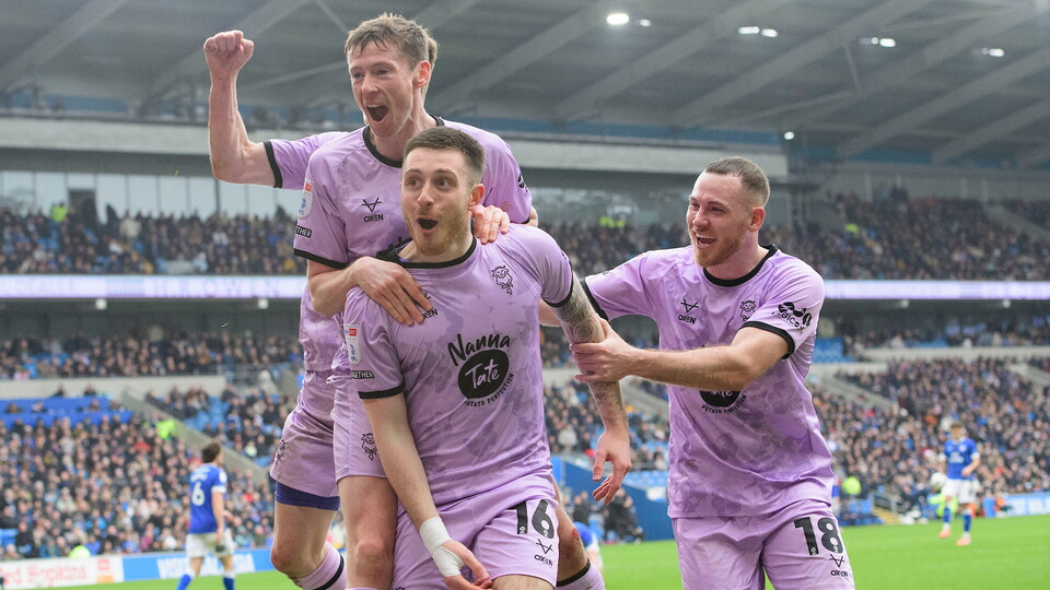 Dom Jefferies celebrates scoring at Cardiff
