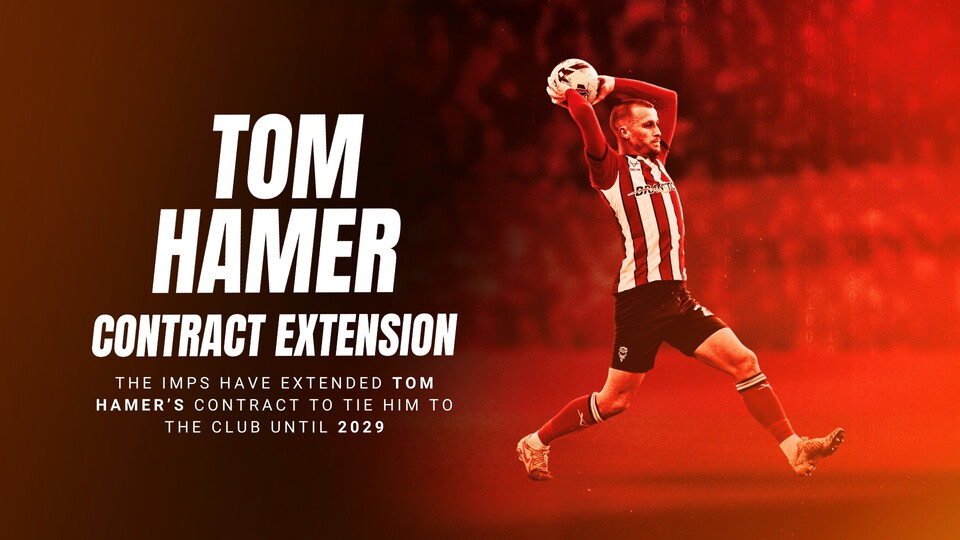 Image features a player in a red and white striped jersey, celebrating a contract extension with the text "Tom Hamer, Contract Extension."