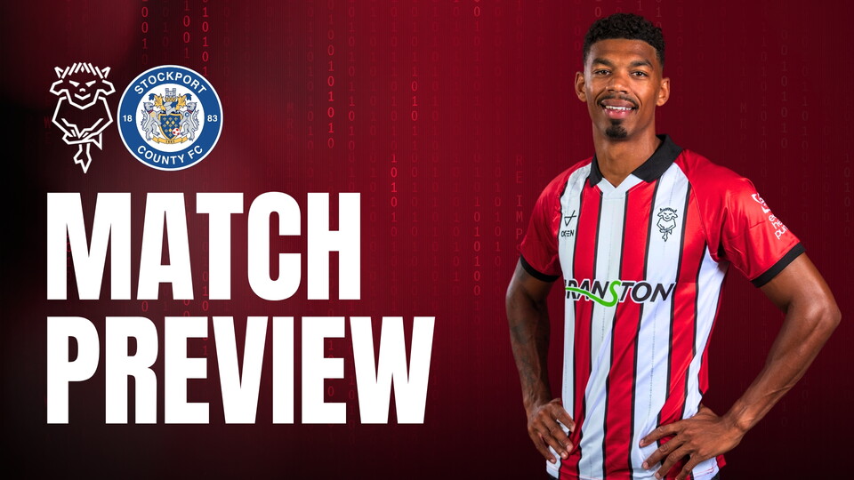 Football player in red and white striped kit standing with hands on hips next to "Match Preview" text and Stockport County FC logo on red background.
