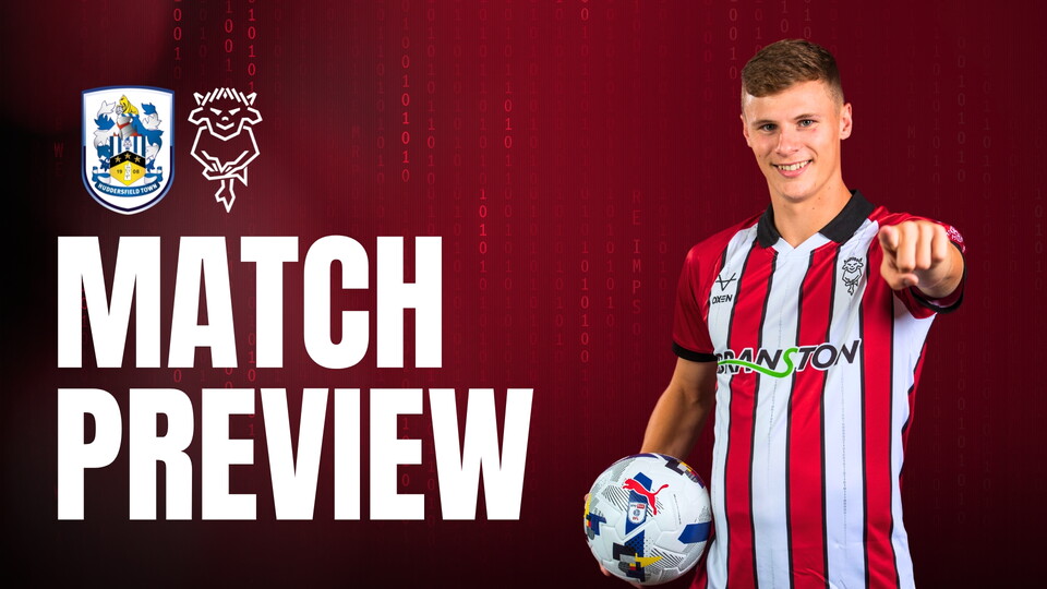 Football player in red and white striped jersey holding a ball, with "Match Preview" text and two football club logos on a red background.