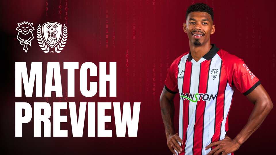 Football player in red and white striped jersey standing with hands on hips next to text "Match Preview" on red background with team logos.