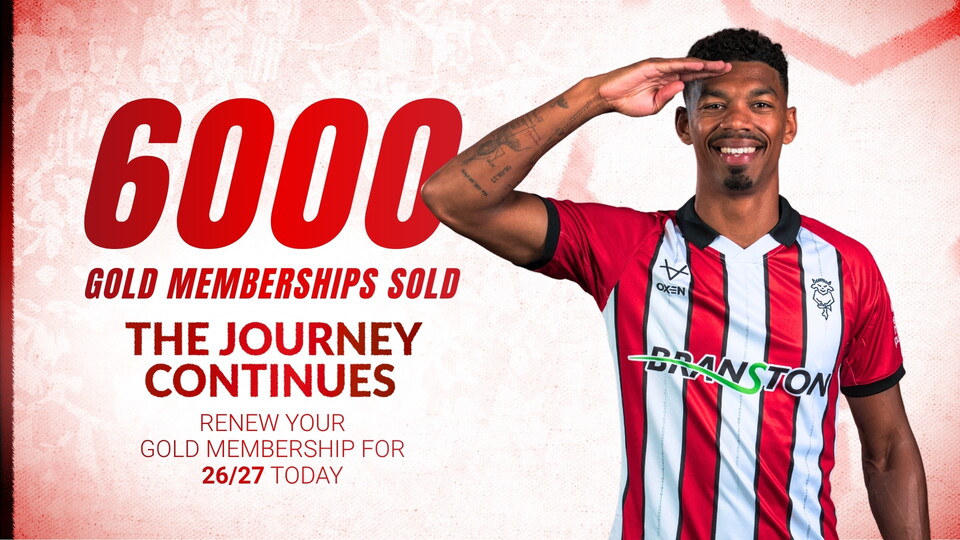 A football player in a red and white striped shirt salutes next to bold text: '6000 Gold Memberships Sold. The Journey Continues. Renew for 26/27 Today.'