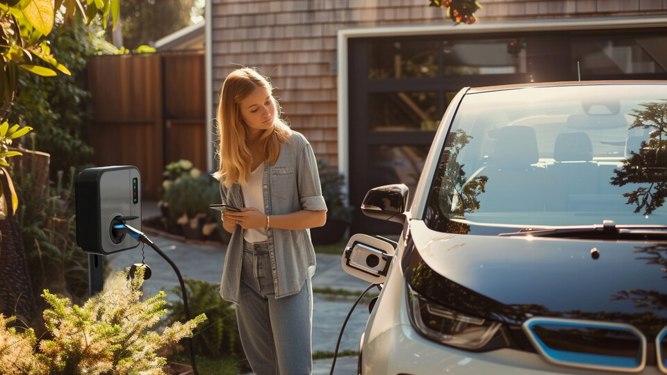 A woman charges her electric car in the driveway, connecting the charger to the vehicle.
